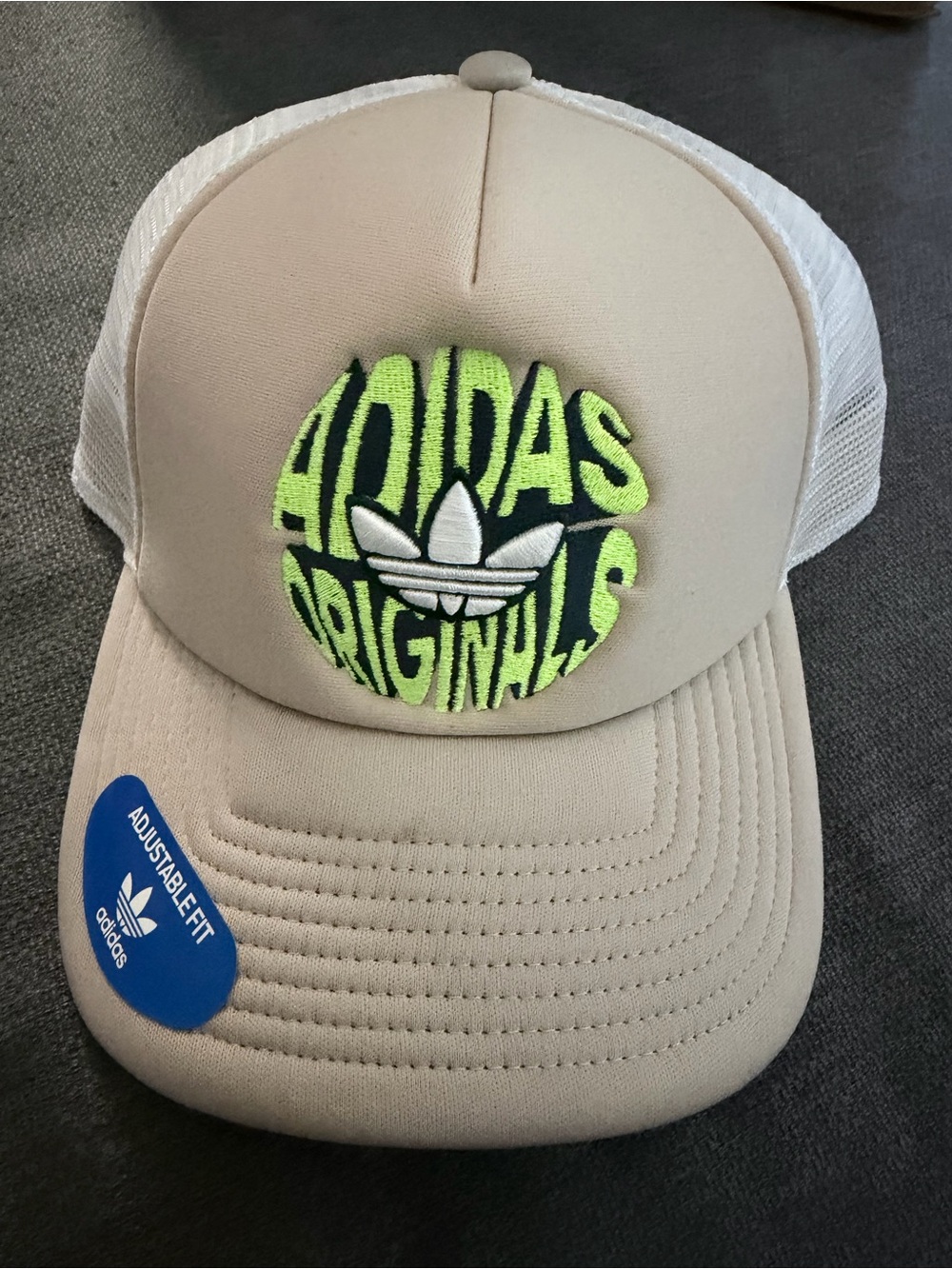 adidas Kids Beige Trucker Hat with Neon Green Patch
